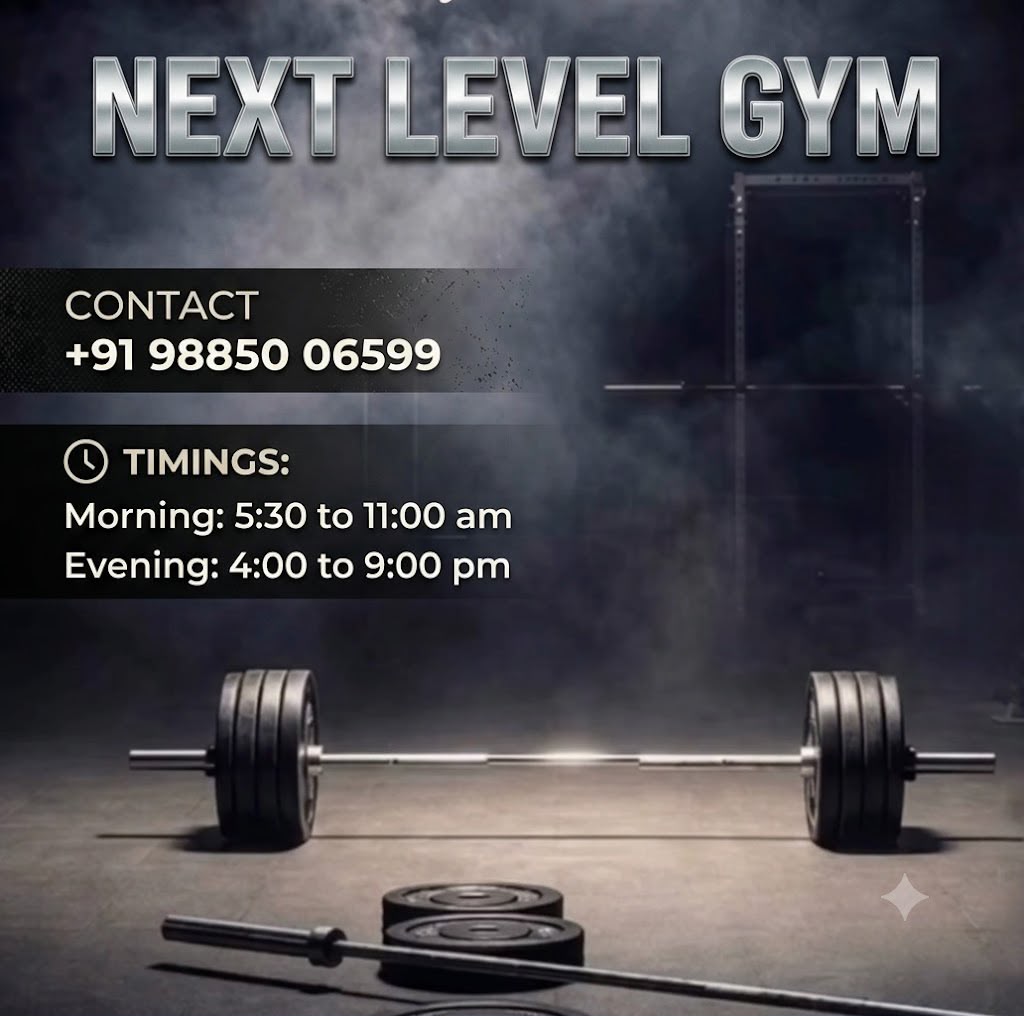 Next Level Gym poster with contact number and timings