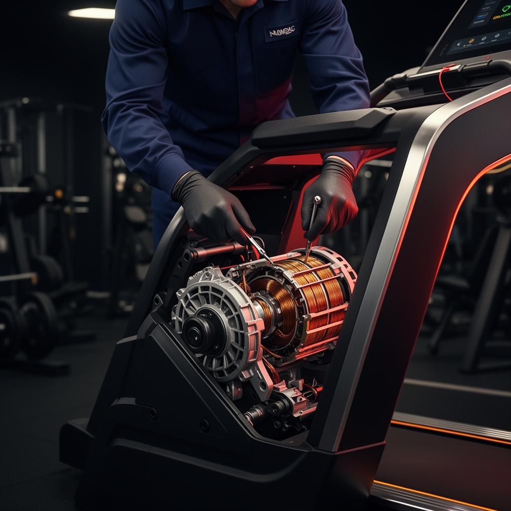 3D render of technician repairing a treadmill motor